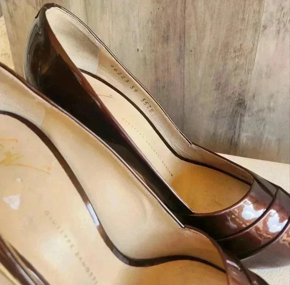 Giuseppe Zanotti Brown Patent Leather Peep Toe Criss Cross High Heel Pumps Sz 9 - Picture 6 of 11